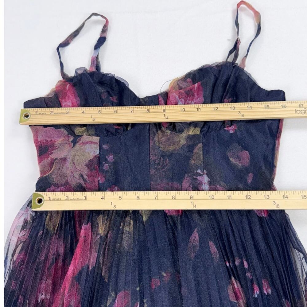 Lulus Alluring Invite Floral Pleated Bustier Midi Dress Women's Medium Navy Blue - Picture 15 of 16